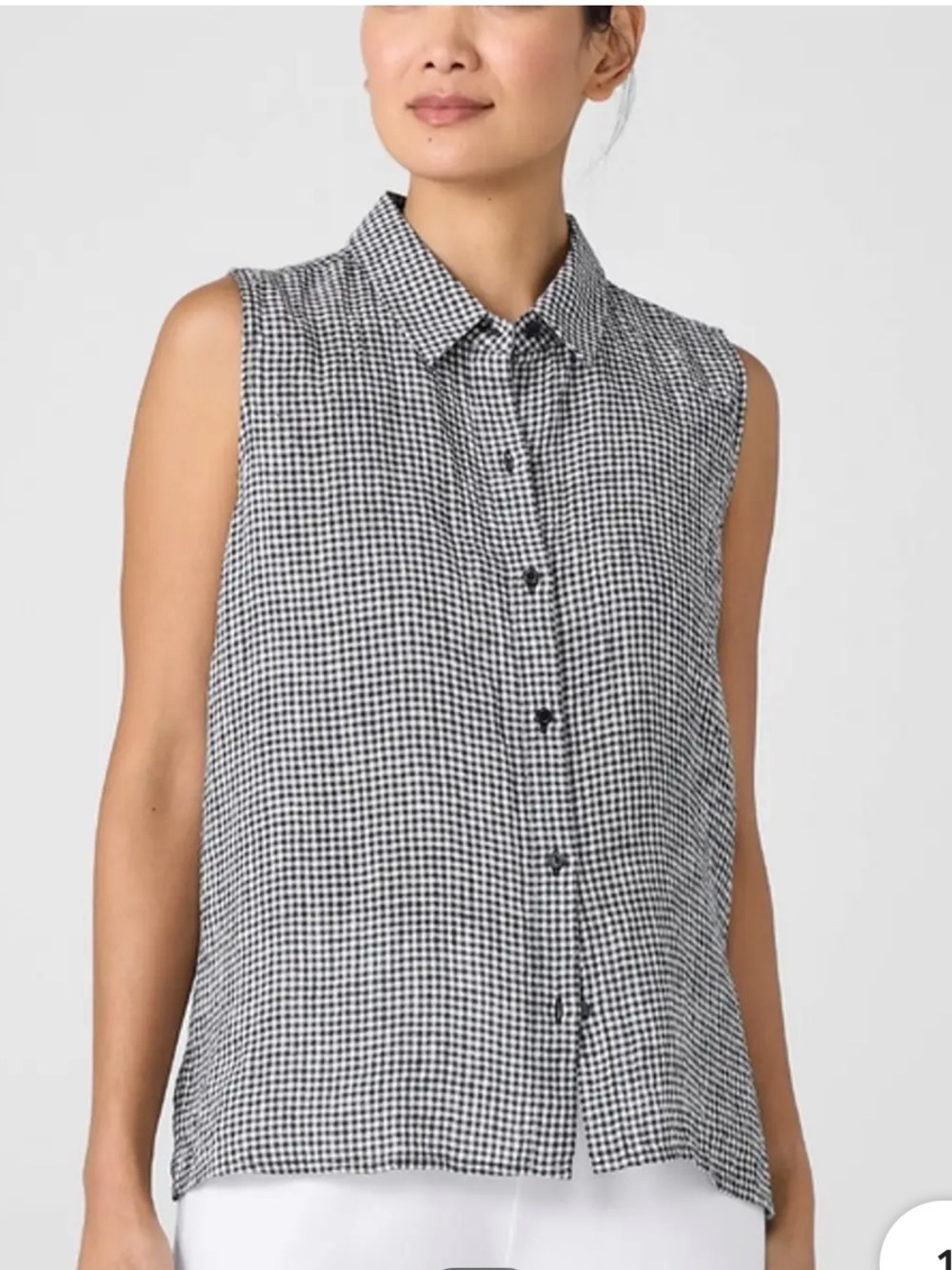 Eileen Fisher B&W Gingham Sleeveless Button-Down Tank 100% Organic Linen